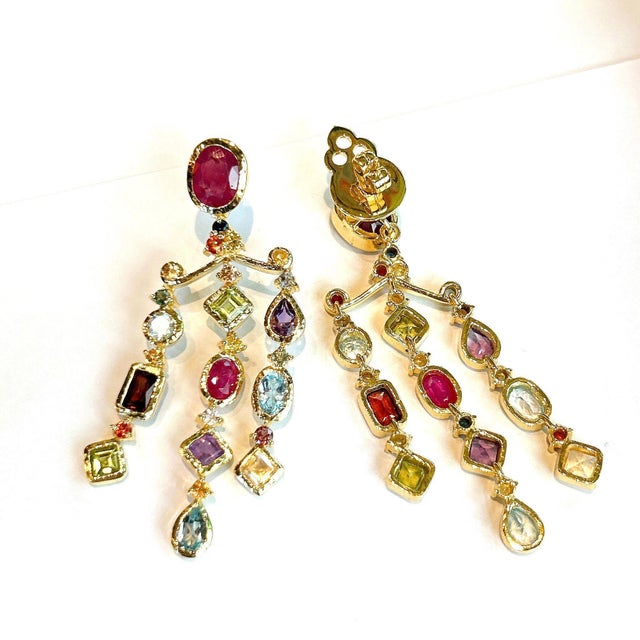 Bochic “Orient” Ruby and Multi Gem Chandelier Earrings Set 18K Gold & Silver - 2 Pieces For Sale In New York - Image 6 of 7