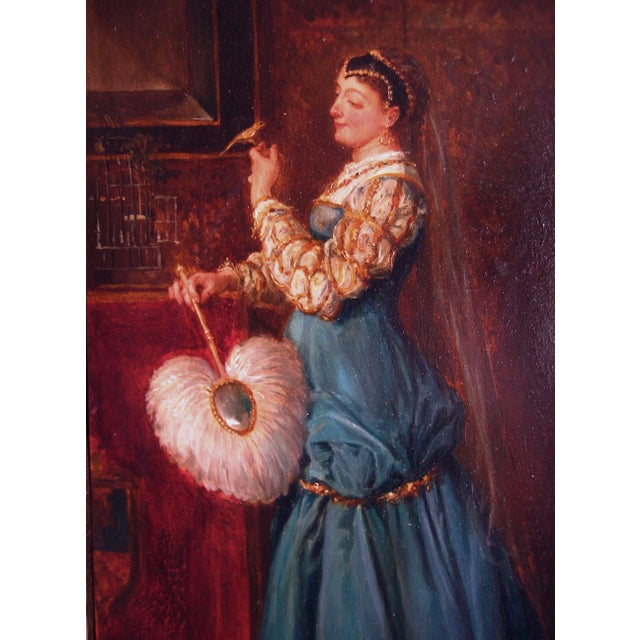 Portrait of a Lady Holding a Bird French Oil Painting Alfred Henri Darjou For Sale - Image 4 of 17
