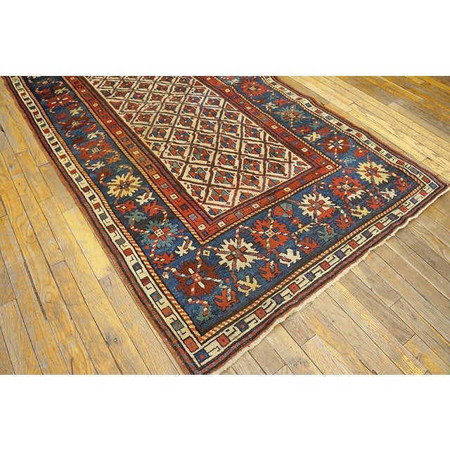 1880s Ivory Blue Diamond Hank Knotted Antique Caucasian Rug 4'0" X 8'0" Wool Carpet For Sale - Image 4 of 4