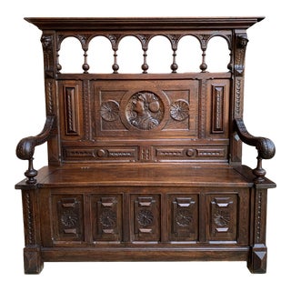 19th Century Antique French Carved Oak Hall Bench Brittany Breton Tall Pew Chest For Sale
