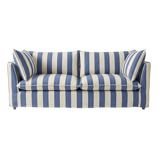 Sophie Conran Coco 3 Seater Sofa - Sea Holly Blue Stripes with Knife Edge Cushion For Sale