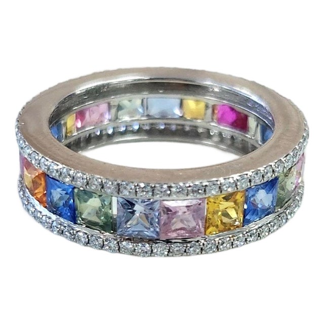 1990s 14k Gold Multi-Color Sapphire Princess Cut and Diamond Eternity Ring Band, Size 6 For Sale