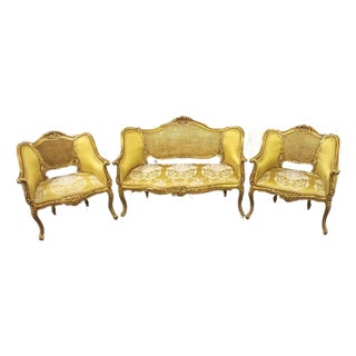 Vintage Gilt Caned Settee & Pair of Armchairs For Sale