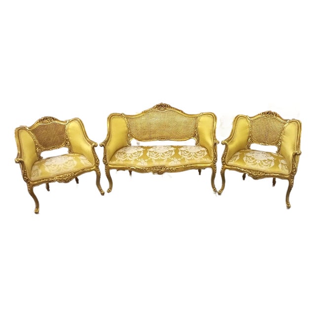 Vintage Gilt Caned Settee & Pair of Armchairs For Sale
