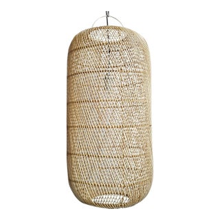 Modern Coastal Raw Wicker Cylinder Pendant Light Large For Sale