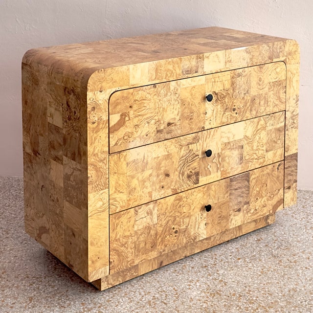 Mid-Century Modern Postmodern Three-Drawer Waterfall Dresser With Faux Burlwood Laminate Veneer For Sale - Image 3 of 15