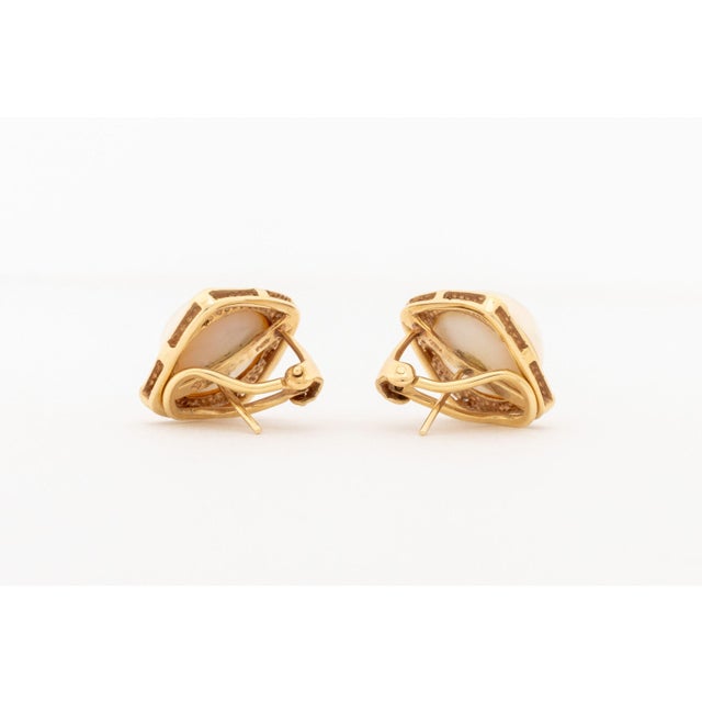 Late 20th Century Modernist Mabe Pearl and Diamond 14k Yellow Gold Earrings For Sale - Image 5 of 6
