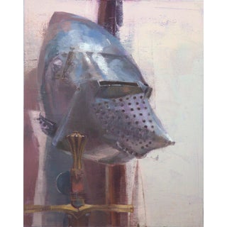 Swords Out by Elena Burykina | Oil on panel Still life of a medieval helmet and sword For Sale