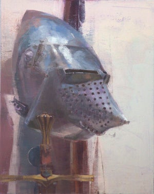 Swords Out by Elena Burykina | Oil on panel Still life of a medieval helmet and sword