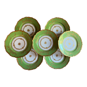 Antique Early 20th Century Higgins & Seiter French Limoges Porcelain Green & Gold Plates - Set of 7