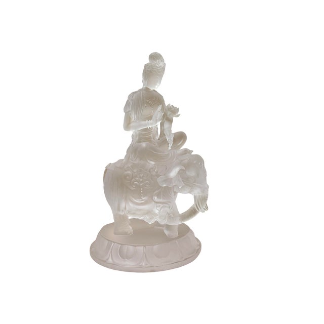 1990s White Crystal Glass Liuli Pate-De-Verre Kwan Yin Bodhisattva on Elephant Statue For Sale - Image 5 of 13
