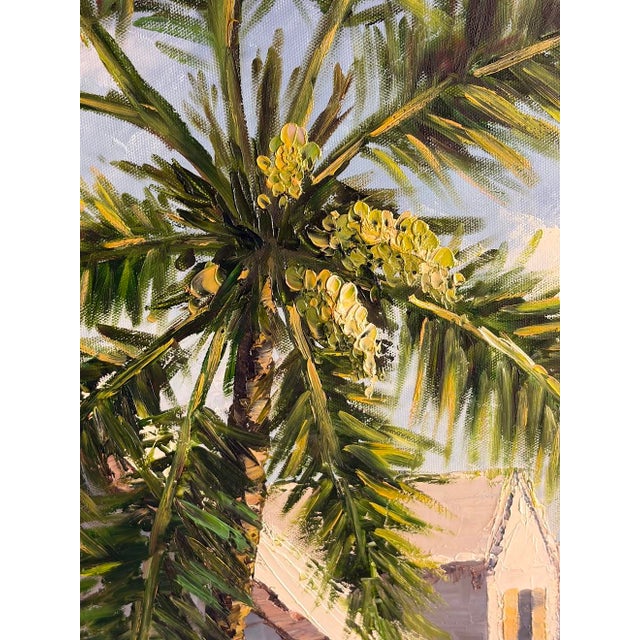 Large Mid-Century Style Coastal Tropical Palm Tree Landscape Oil Painting - Framed Fine Art For Sale - Image 9 of 10