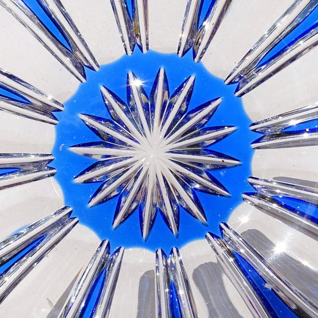 Blue Czech Republic Bohemian Caesar Blue Crystal Clear Decorative Flower Design Cut Glass Bowl Plate For Sale - Image 8 of 9