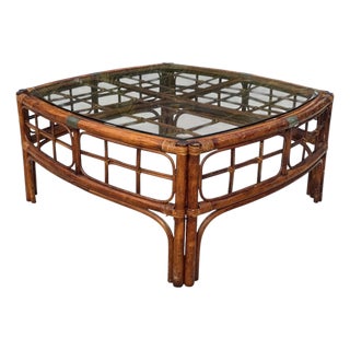 Vintage Tortoise Bamboo Rattan Square Coffee Table With Glass Top For Sale