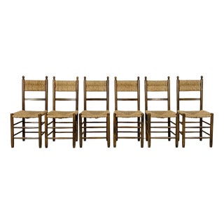 Mid-Century Oak and Straw Chairs by Charlotte Perriand, France, 1960s, Set of 6 For Sale