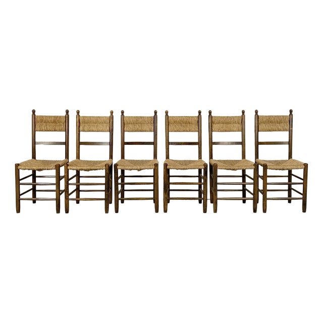 Mid-Century Oak and Straw Chairs by Charlotte Perriand, France, 1960s, Set of 6 For Sale