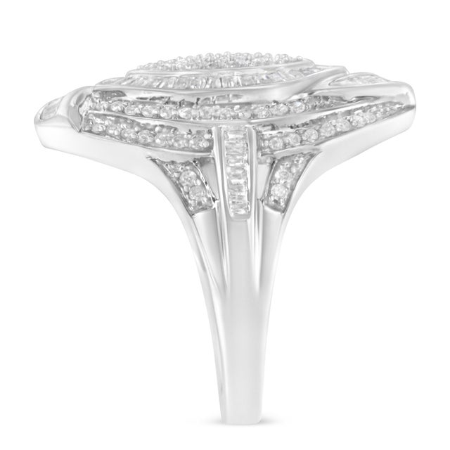Early 21st Century .925 Sterling Silver & 1-1/8 Cttw Diamond Marquise Shaped Cluster Triple Halo Knot Cocktail Fashion Ring (I-J Color, I2-I3 Clarity) - Size 6-1/4 For Sale - Image 5 of 7