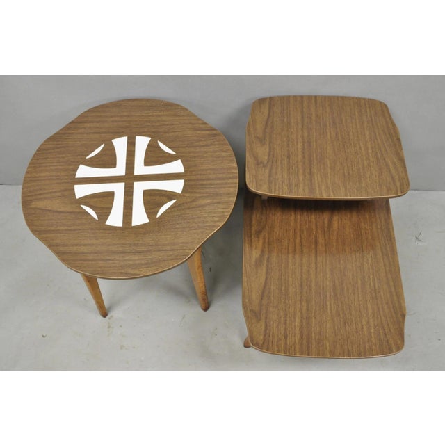 Vintage Mid Century Modern Walnut & Formica Round & Step Side Table Set - 2 PCS For Sale - Image 4 of 16