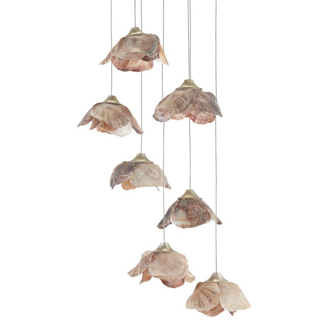 Rose-colored natural Capiz shells have become blossoms to ornament our Catrice 7-Light Multi-Drop Pendant. The silver...