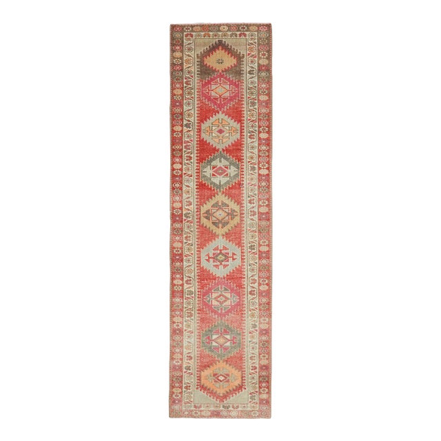 1970s Vintage Turkish Hand-Knotted Wool Cotton Red Runner Rug For Sale