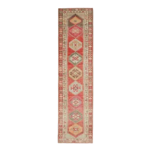 1970s Vintage Turkish Hand-Knotted Wool Cotton Red Runner Rug