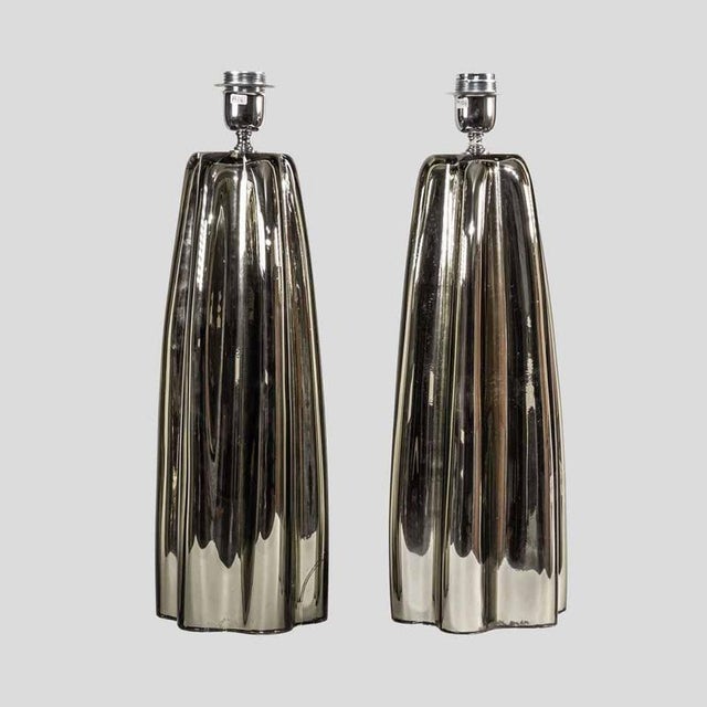 Pair of Fluted mirrored Murano Glass Table Lamps by Alberto DonàPair of hand-blown Murano glass table lamps. Featuring a...