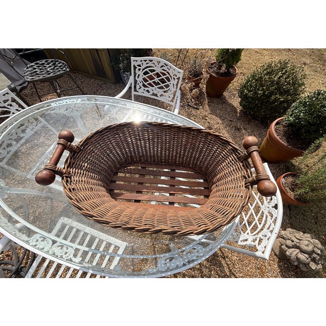 Vintage French Wicker Basket With Turned Wood Handles & Wood Slatted Base For Sale - Image 11 of 16