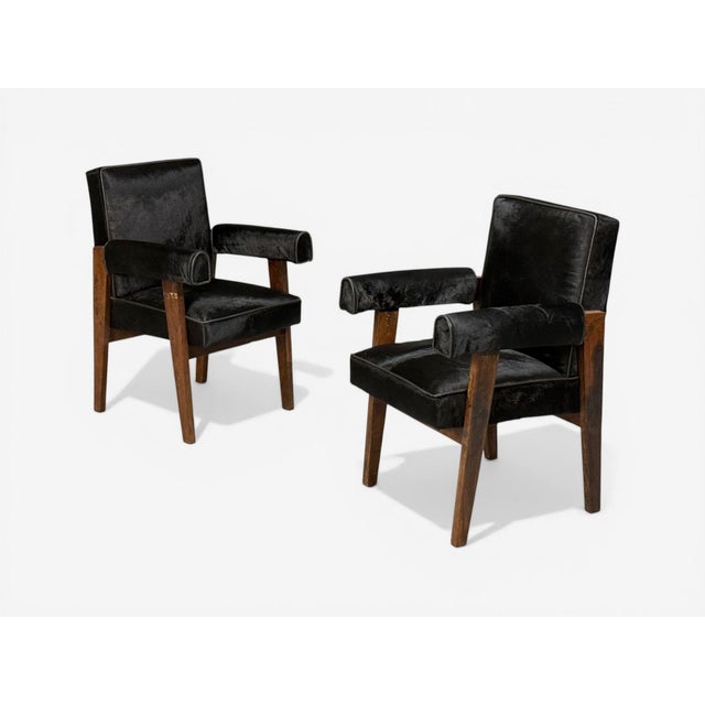 1960s Pierre Jeanneret, Advocate Armchairs, Black Cowhide, Teak, Chandigarh, 1960s For Sale - Image 5 of 10