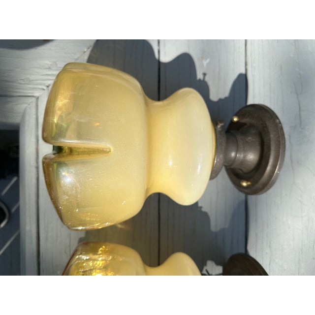 Coffee Vintage Murano Mazzega Shades on Vintage Brass Flush Mount Fixtures - a Pair For Sale - Image 8 of 8