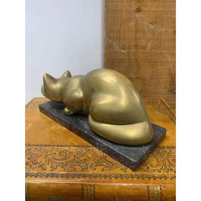 1960s Vintage 1960s Brass Crouching Cat on Black Marble Base For Sale - Image 5 of 6