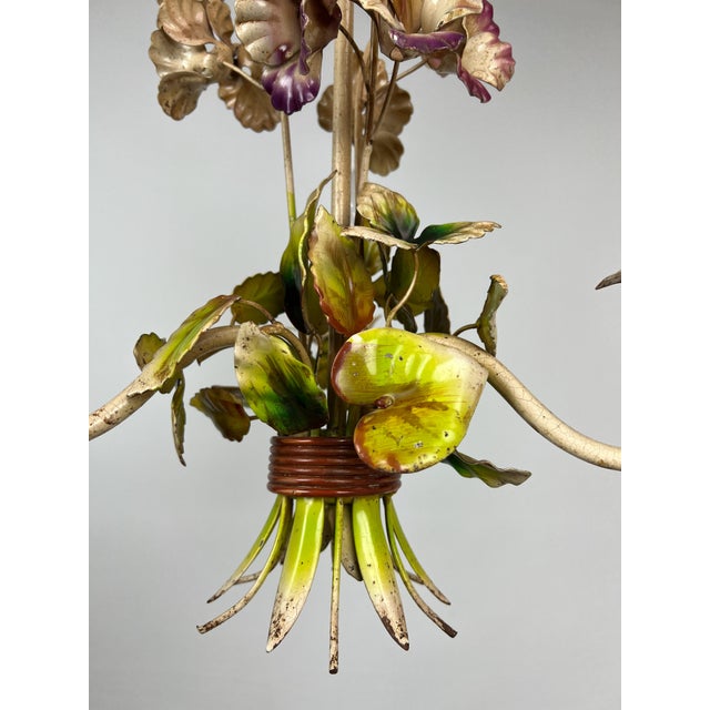 Vintage French Metal Flower Bouquet Three-Arm Chandelier, 1950s For Sale - Image 12 of 16