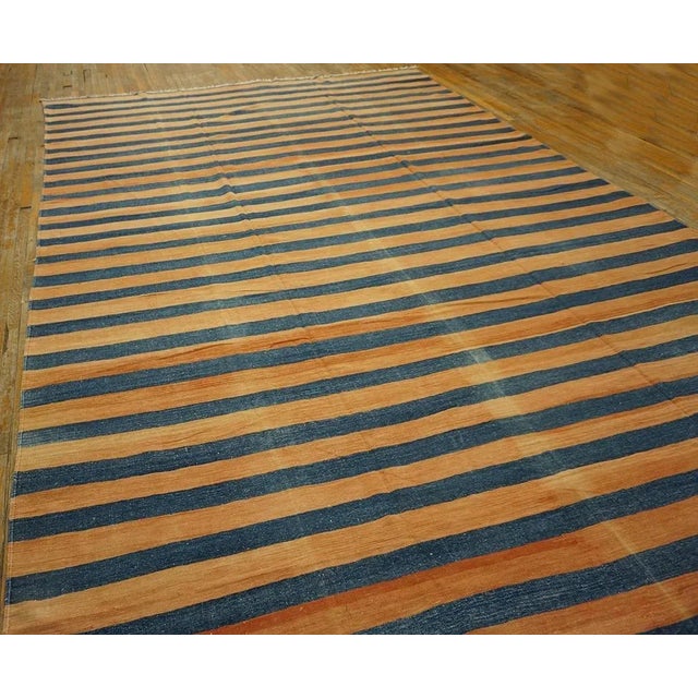 1920s Apricot Blue Stripe Antique Indian Cotton Dhurrie Carpet 9'7" X 15'3" Flatweave Wool Rug For Sale - Image 11 of 12