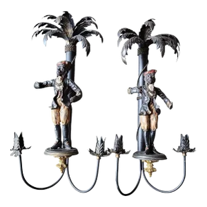 Vintage Large Tole Monkey Palm Tree Sconces - a Pair