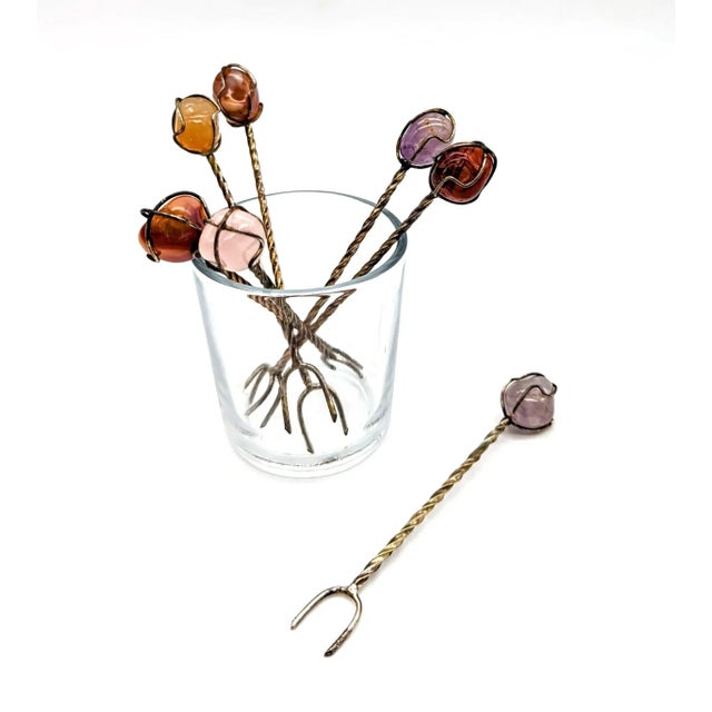 Vintage Mexican Silver, Mixed Metal & Semi Precious Stone Appetizer Forks, Cocktail Snack and Hors d'Ooeuvres Picks - Set of 7 For Sale In Miami - Image 6 of 9
