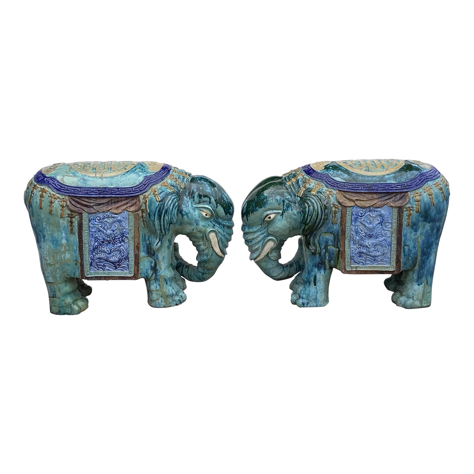 Pair Vintage Ceramic Handmade Chinese Turquoise Blue Elephant