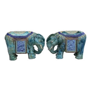 Pair Vintage Ceramic Handmade Chinese Turquoise Blue Elephant Figures