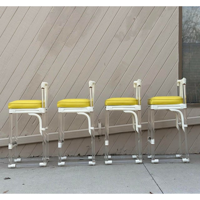 Contemporary 1970s Organic Modern Lucite and White Rattan Barstools With Cane Backs - Set of 4 For Sale - Image 3 of 11