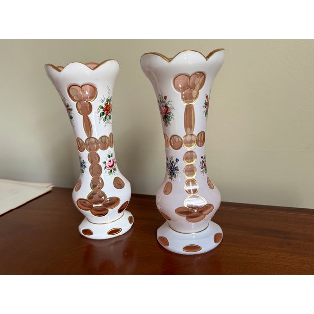 Pair of Antique Bohemian White & Pink Cased Art Glass Vases With Hand-Painted Floral Decoration For Sale - Image 10 of 12