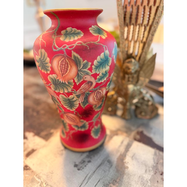 Ceramic Hand-Painted Red Chinoiserie Style Vase With Birds & Pomegranate Motif For Sale - Image 7 of 8