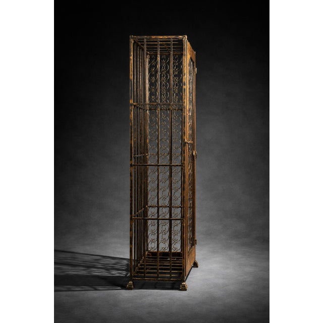 Wood Late 20th Century Tall Iron & Wood Wine Cabinet / Bar Display (72” H X 25” W X 15” D) With Locking Door & Scrollwork Front For Sale - Image 7 of 8