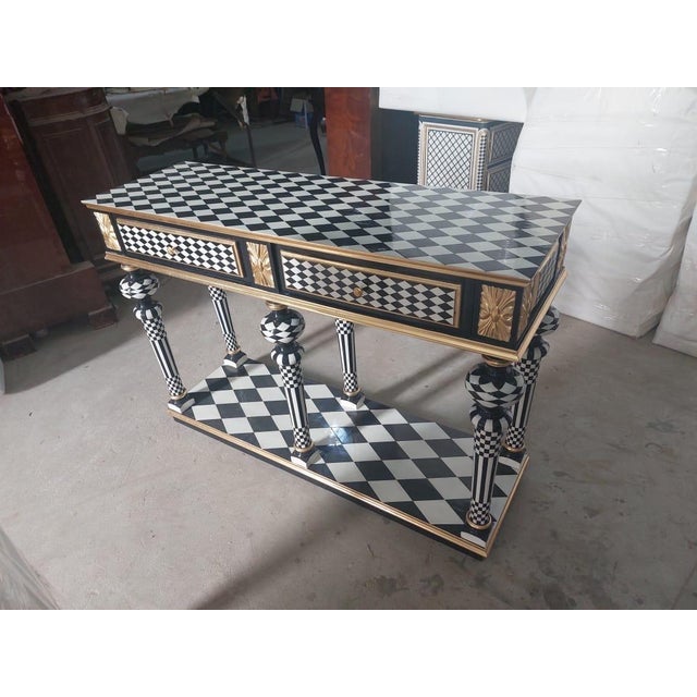 White Vintage Harlequin Entryway Console Table Black & White Hollywood Regency For Sale - Image 8 of 9