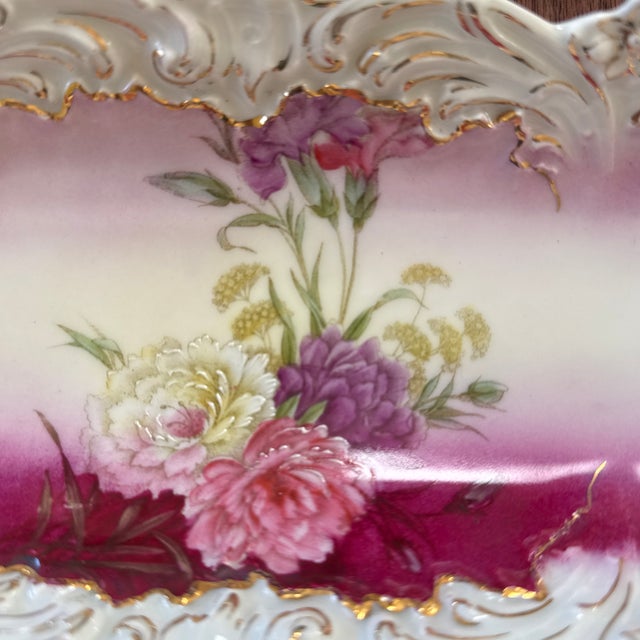 Antique p.t. Germany Tettau Porcelain Celery Dish, Magenta Floral Relish Tray, Circa 1902 For Sale - Image 6 of 12