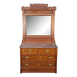 Antique Victorian Eastlake Walnut Burl Marble Top Dresser & Mirror Vanity Chest For Sale