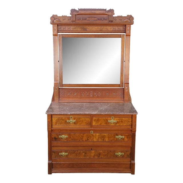 Antique Victorian Eastlake Walnut Burl Marble Top Dresser & Mirror Vanity Chest For Sale