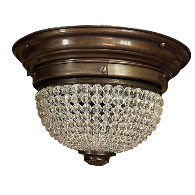 Pair of Cut Crystal Ball Dome Flush Mount Fixtures on Brass Patina Holders, Circa 1920 For Sale - Image 4 of 5