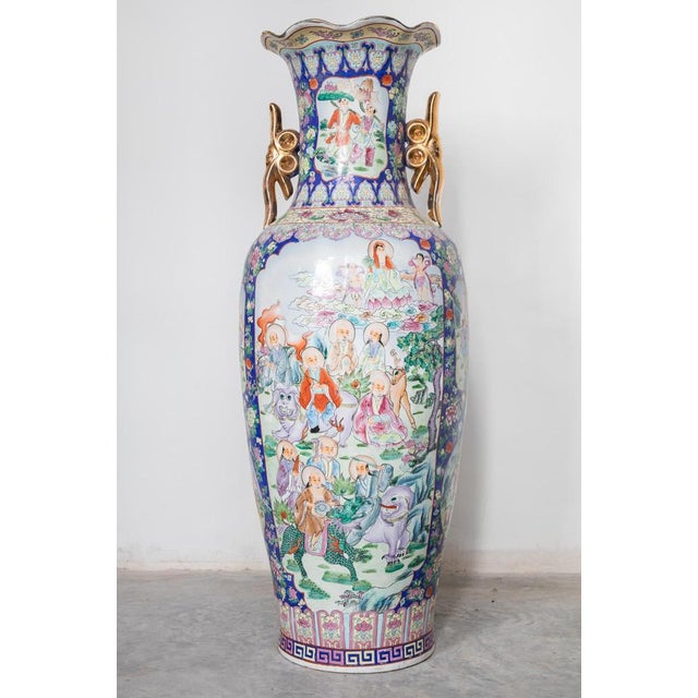 Ceramic Large Chinese Polychrome Famille Rose Porcelain Vase with Hunting Scene, 1960s For Sale - Image 7 of 8