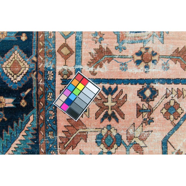 Antique Coral Navy Distressed Geometric Design Large Wool Pile Hand Knotted Rug - 7'6" X 11’3” For Sale - Image 9 of 10