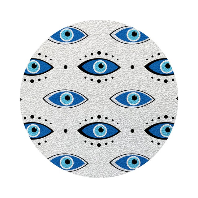 2020s Eyes Blue White Vegan Leather Round Pebble Placemat, Set of 4 For Sale - Image 5 of 5