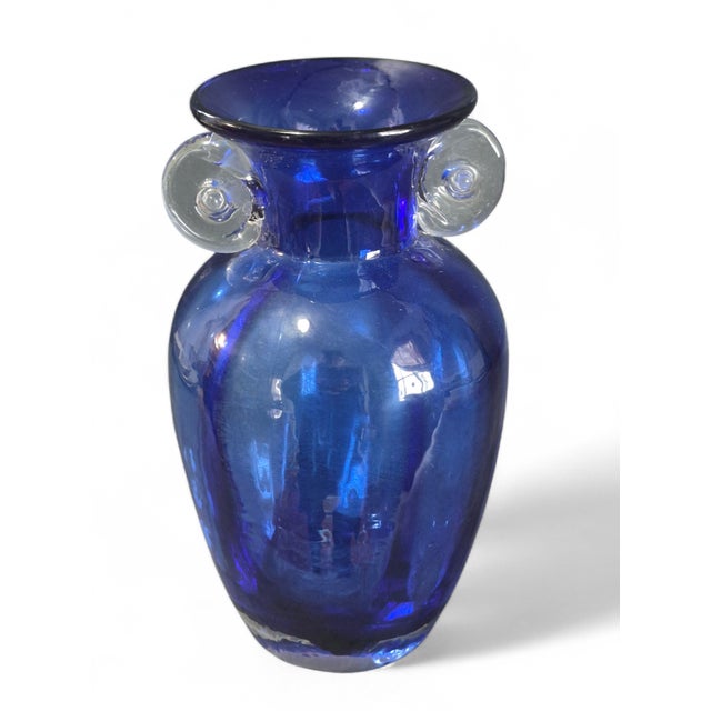 Vintage Hand Blown Art Glass Cobalt Blue Neoclassical Form Vase For Sale - Image 9 of 9