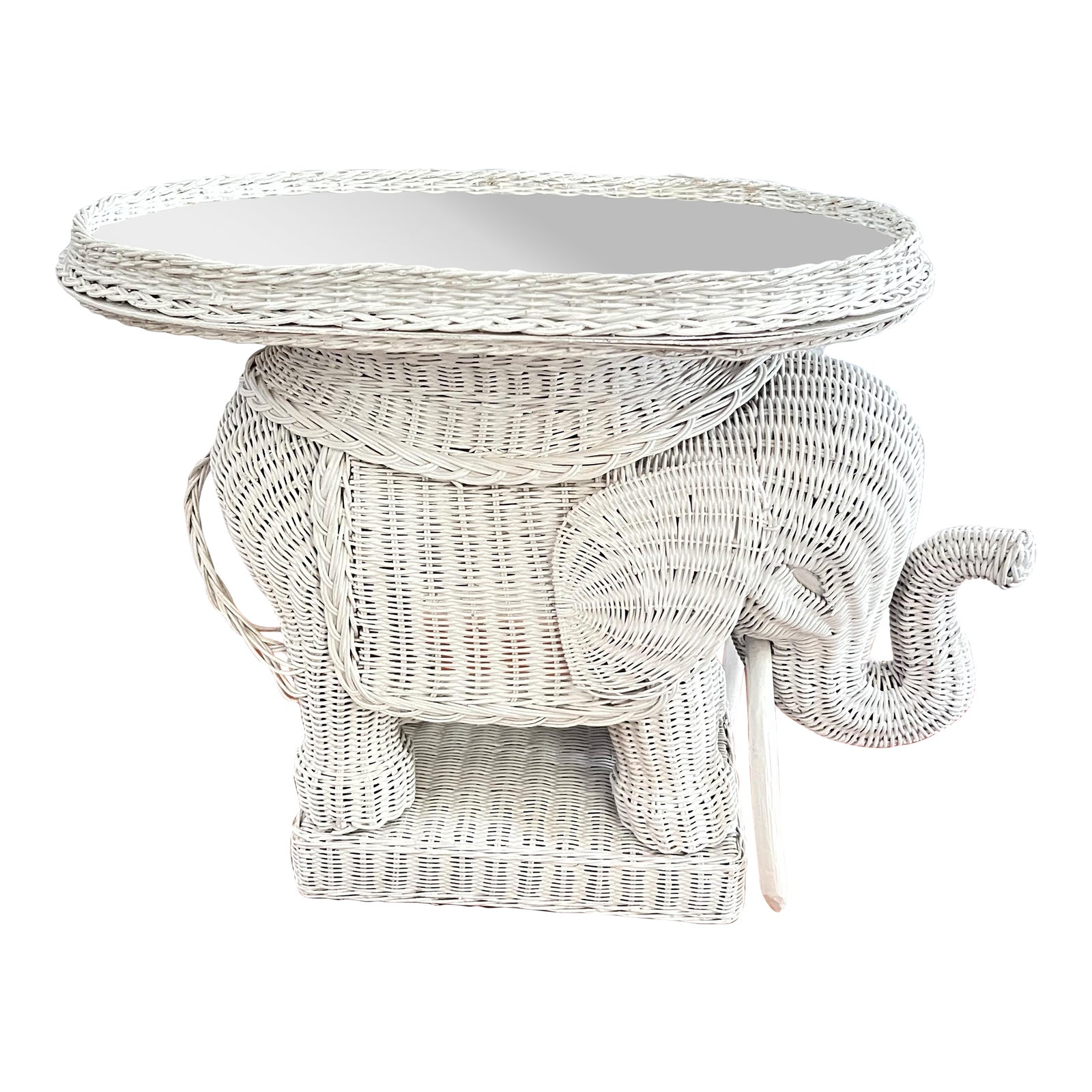 Late 20th Century White Wicker Elephant Side Table With Detachable
